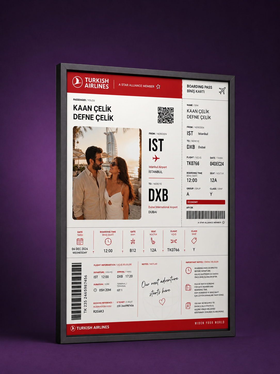 Kişiye Özel Uçuş Kartı Poster Tablosu | Türk Hava Yolları Konsepti