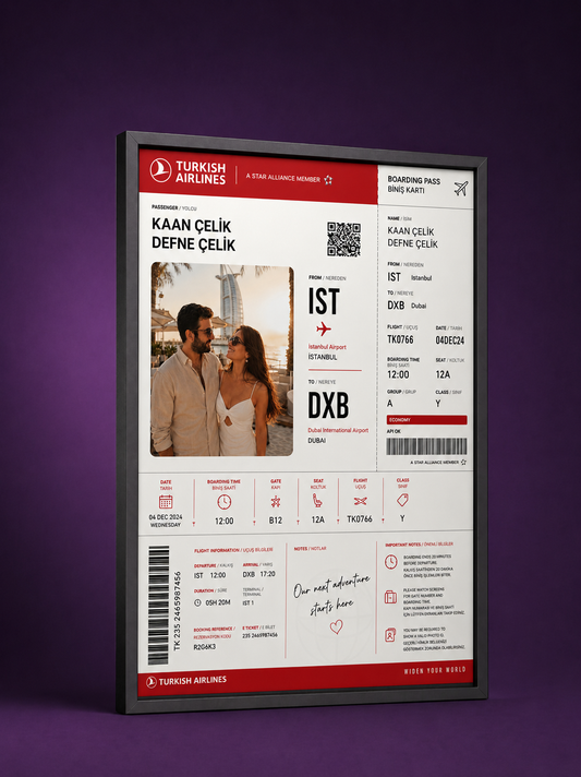 Kişiye Özel Uçuş Kartı Poster Tablosu | Türk Hava Yolları Konsepti
